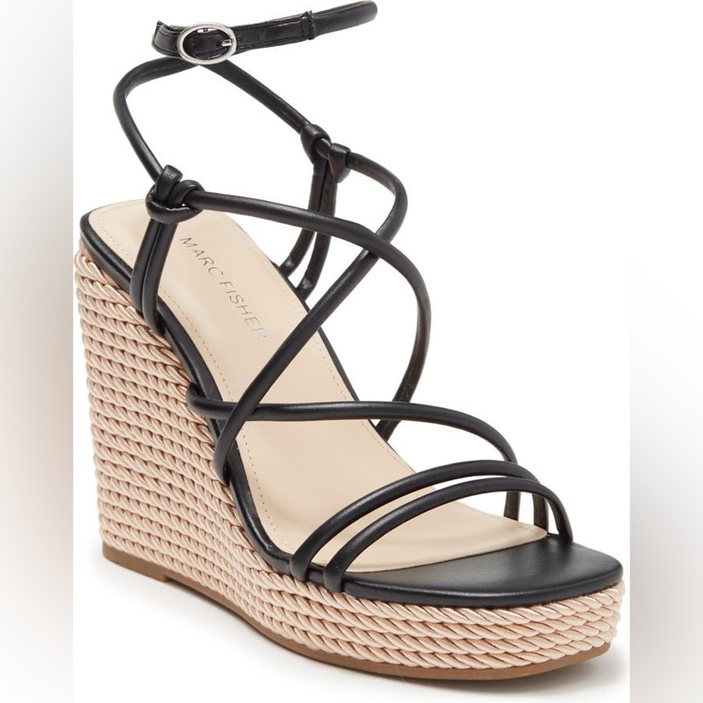 Marc Fisher Zesty strappy black wedge sandals. Size 7 1/2. Worn once. Like-New.
